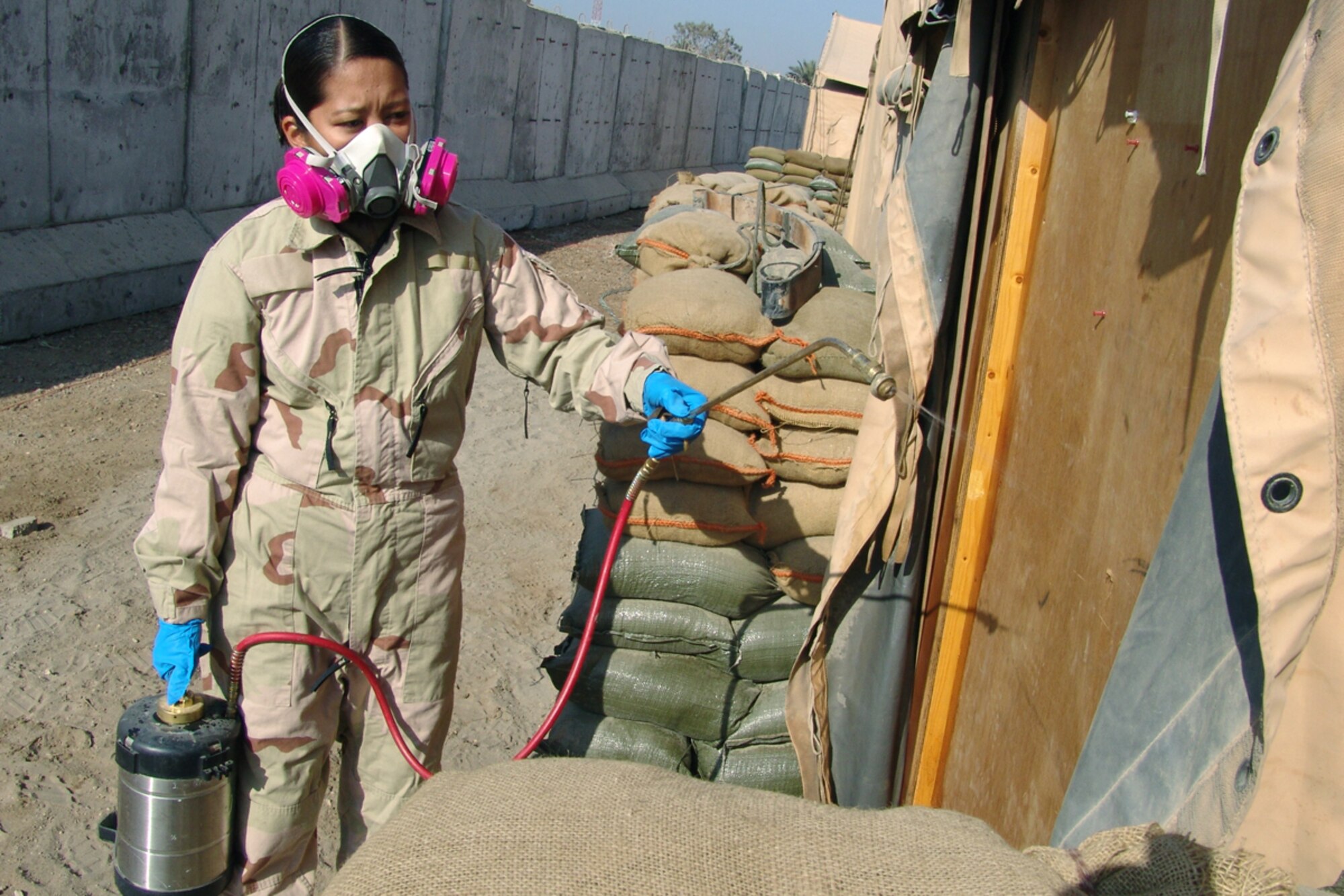 BAGHDAD, Iraq -- Senior Airman Amy Arriola sprays a tent to control pests. She is the pest controller for the 447th Expeditionary Civil Engineer Squadron at Camp Sather here, and is deployed from Guam Air National Guard's 254th CES.  (U.S. Air Force photo by Tech Sgt. Michael O'Conner)
