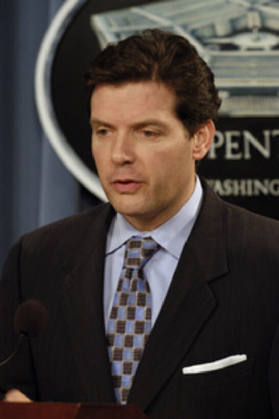 Principal Deputy Assistant Secretary of Defense for Public Affairs Lawrence Di Rita responds to a reporter's question during an operational update briefing in the Pentagon on Dec. 14, 2004. Di Rita and Joint Staff Deputy Director of Operations Brig. Gen. David Rodriguez, U.S. Army, briefed reporters on operations in Iraq and Afghanistan. 