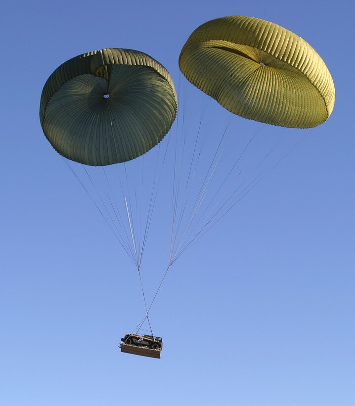 On December 5, 2nd Air Delivery Platoon dropped heavy equipment from a C-17. This particular humvee landed directly on target, which is the platoon strives for with every exercise.