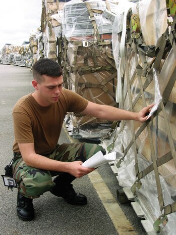 CHARLESTON AIR FORCE BASE, S.C. -- Airman Michael Mitchem checks a cargo list to ensure equipment is delivered to the appropriate aircraft.  This pallet, bound for Iraq, contains an armor kits for military trucks.  Airman Mitchem is a 437th Aerial Port Squadron air transportation apprentice.  (U.S. Air Force photo by Tech. Sgt. Ben Gonzales)