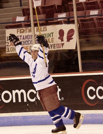 CHARLESTON, S.C. -- Paul Goff celebrates after scoring the game-tying fifth goal for the Air Force hockey team from nearby Charleston Air Force Base.  The Airmen defeated the Navy team 6-5.  (U.S. Air Force photo by Staff Sgt. Ricky A. Bloom)