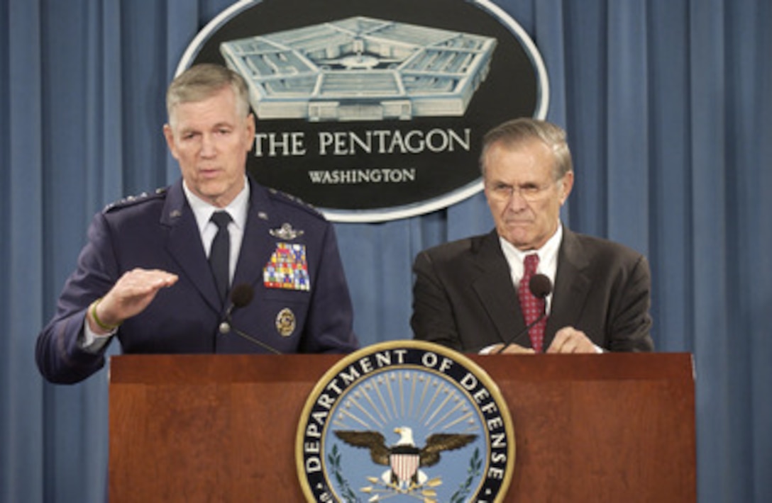 Chairman of the Joint Chiefs of Staff Gen. Richard B. Myers, U.S. Air Force, and Secretary of Defense Donald H. Rumsfeld brief reporters in the Pentagon on the December 21st explosion in the dining facility at Forward Operating Base Marez in southwest Mosul, Iraq, on Dec. 22, 2004. Officials are still investigating the cause of the explosion, but preliminary evidence indicates that it could be the work of a suicide bomber. 