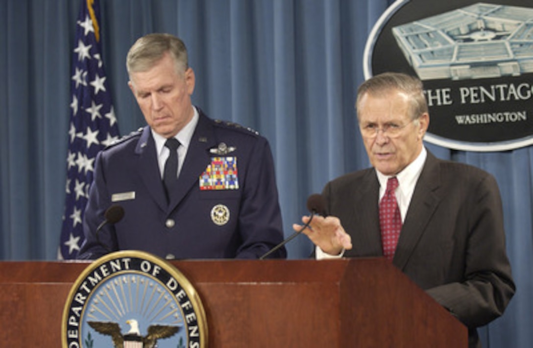 Secretary of Defense Donald H. Rumsfeld and Chairman of the Joint Chiefs of Staff Gen. Richard B. Myers, U.S. Air Force, brief reporters in the Pentagon on the December 21st explosion in the dining facility at Forward Operating Base Marez in southwest Mosul, Iraq, on Dec. 22, 2004. Officials are still investigating the cause of the explosion, but preliminary evidence indicates that it could be the work of a suicide bomber. 