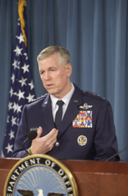Chairman of the Joint Chiefs of Staff Gen. Richard B. Myers, U.S. Air Force, answers a reporter's question concerning the December 21st explosion in the dining facility at Forward Operating Base Marez in southwest Mosul, Iraq, during a Dec. 22, 2004, press briefing in the Pentagon. Myers and Secretary of Defense Donald H. Rumsfeld briefed reporters on the attack. Officials are still investigating the cause of the explosion, but preliminary evidence indicates that it could be the work of a suicide bomber. 