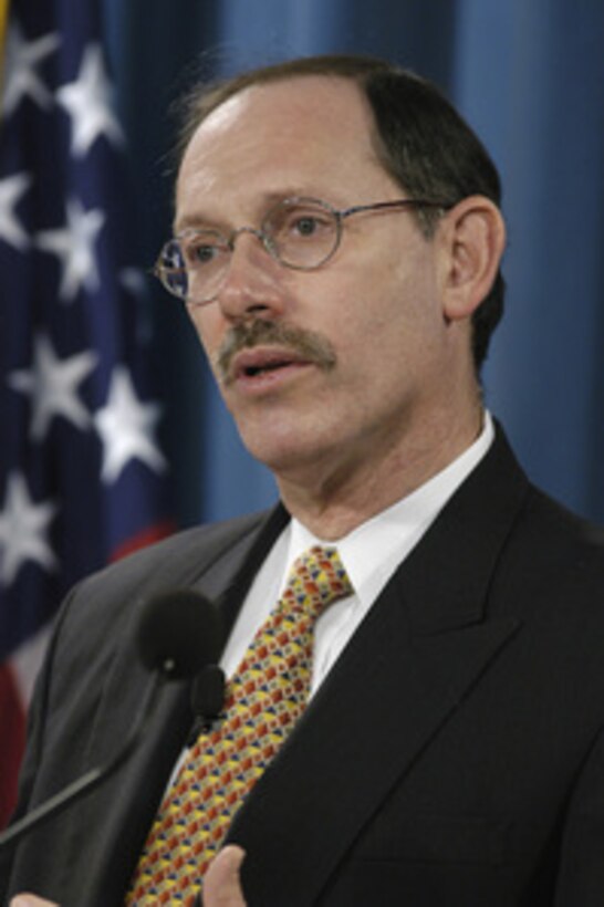 Under Secretary of Defense, Comptroller, Dov Zakheim presents the Department of Defense Fiscal 2005 budget during a Pentagon briefing on Feb. 2, 2004. 