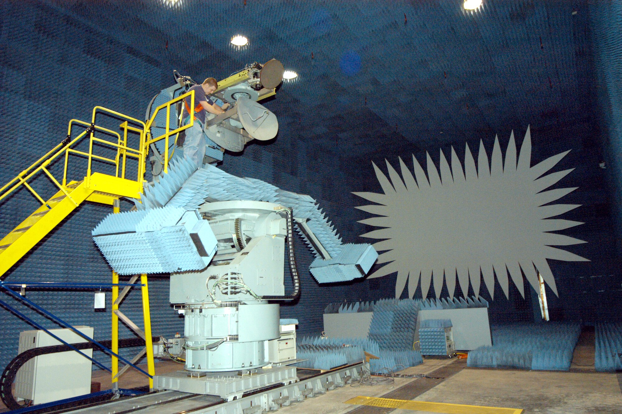 ROBINS AIR FORCE BASE, Ga. -- Brian Kirchhefer prepares to test a Combat Talon II radome in the anechoic chamber also known as Radome Verification System range.  (U.S. Air Force photo by Sue Sapp)