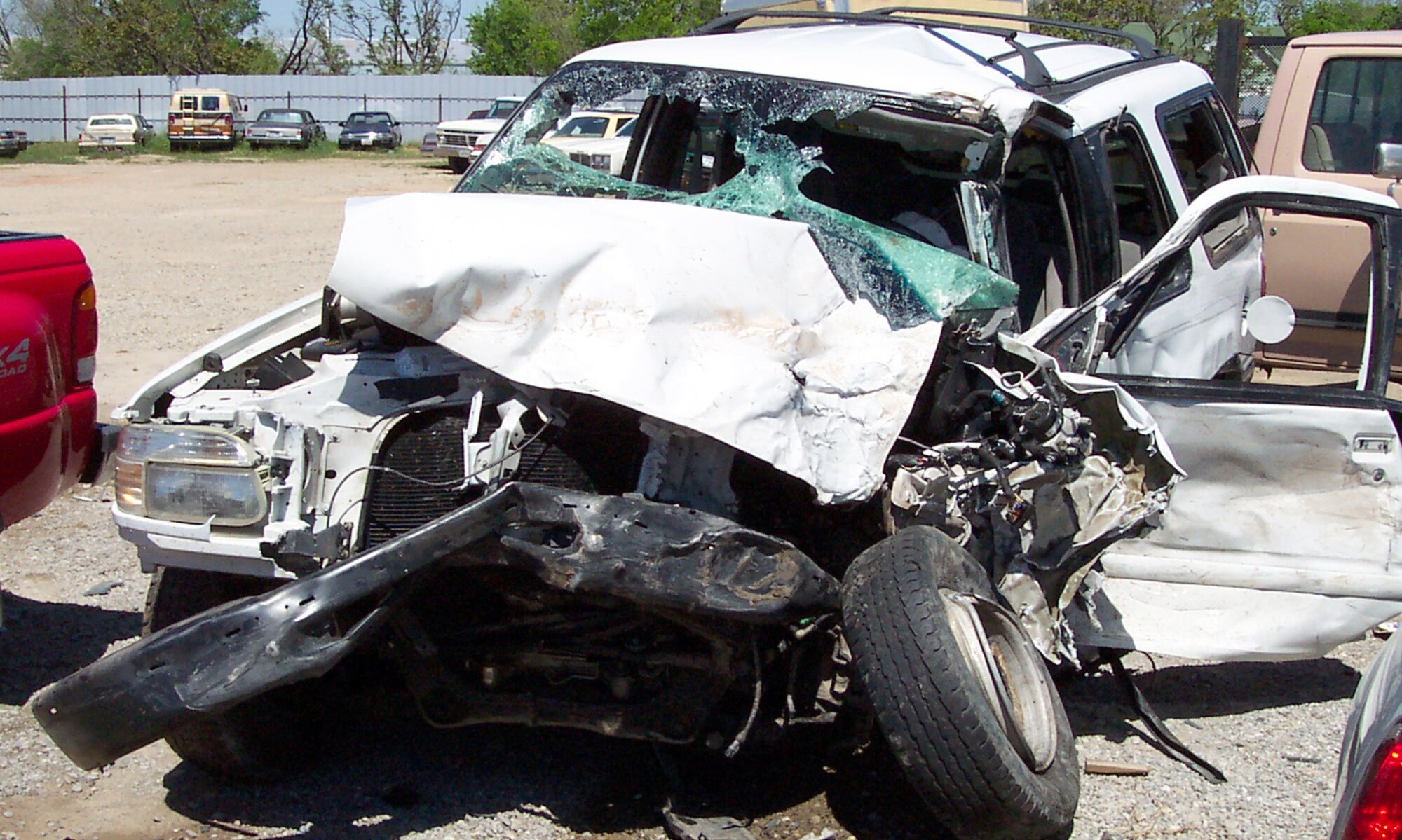 WITCHITA FALLS, Texas -- Retired Tech. Sgt. Derrick Duncan's sport utility vehicle sits in a salvage yard following an accident in April.  Emergency personnel had to use the "jaws of life" to free him from the wreckage.  He credits blood donations with saving his life after the accident.  (Courtesy photo)