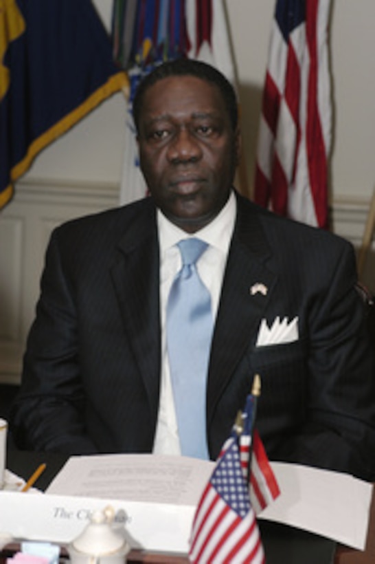 Liberian Chairman Gyude Bryant meets with Deputy Secretary of Defense Paul Wolfowitz in the Pentagon on Feb. 10, 2004. The two leaders are meeting to discuss defense issues of mutual interest. 