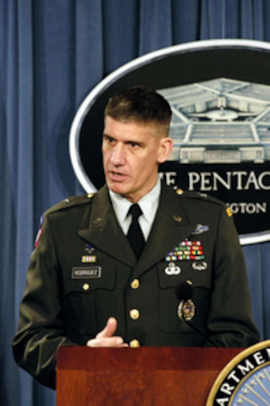 Deputy Director for Operations, Joint Staff, Brig. Gen. David Rodriguez responds to a reporter's question during a Pentagon press briefing on Feb. 19, 2004. 