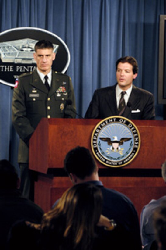Principal Deputy Assistant Secretary of Defense for Public Affairs Lawrence Di Rita responds to a reporter's question during a Pentagon press briefing on Feb. 19, 2004. Di Rita is accompanied by Brig. Gen. David Rodriguez, USA, deputy director for operations, J-3, Joint Staff. 