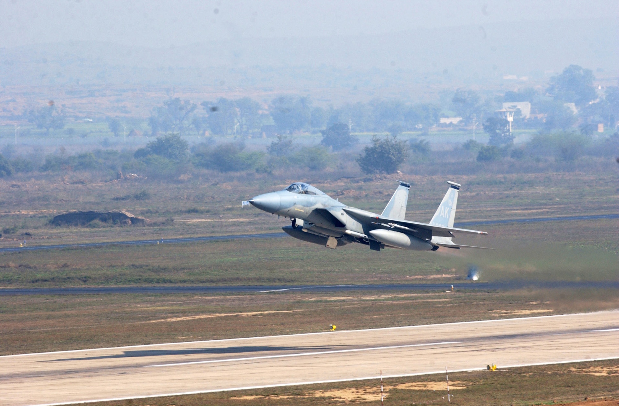 GWALIOR AIR FORCE STATION, India -- An F-15 Eagle takes off from here during Cope India '04, a bilateral fighter exercise between U.S. and Indian air forces.  About 150 U.S. airmen are here supporting the first bilateral fighter exercise between the two air forces in more than 40 years.  (U.S. Air Force photo by Tech. Sgt. Keith Brown)