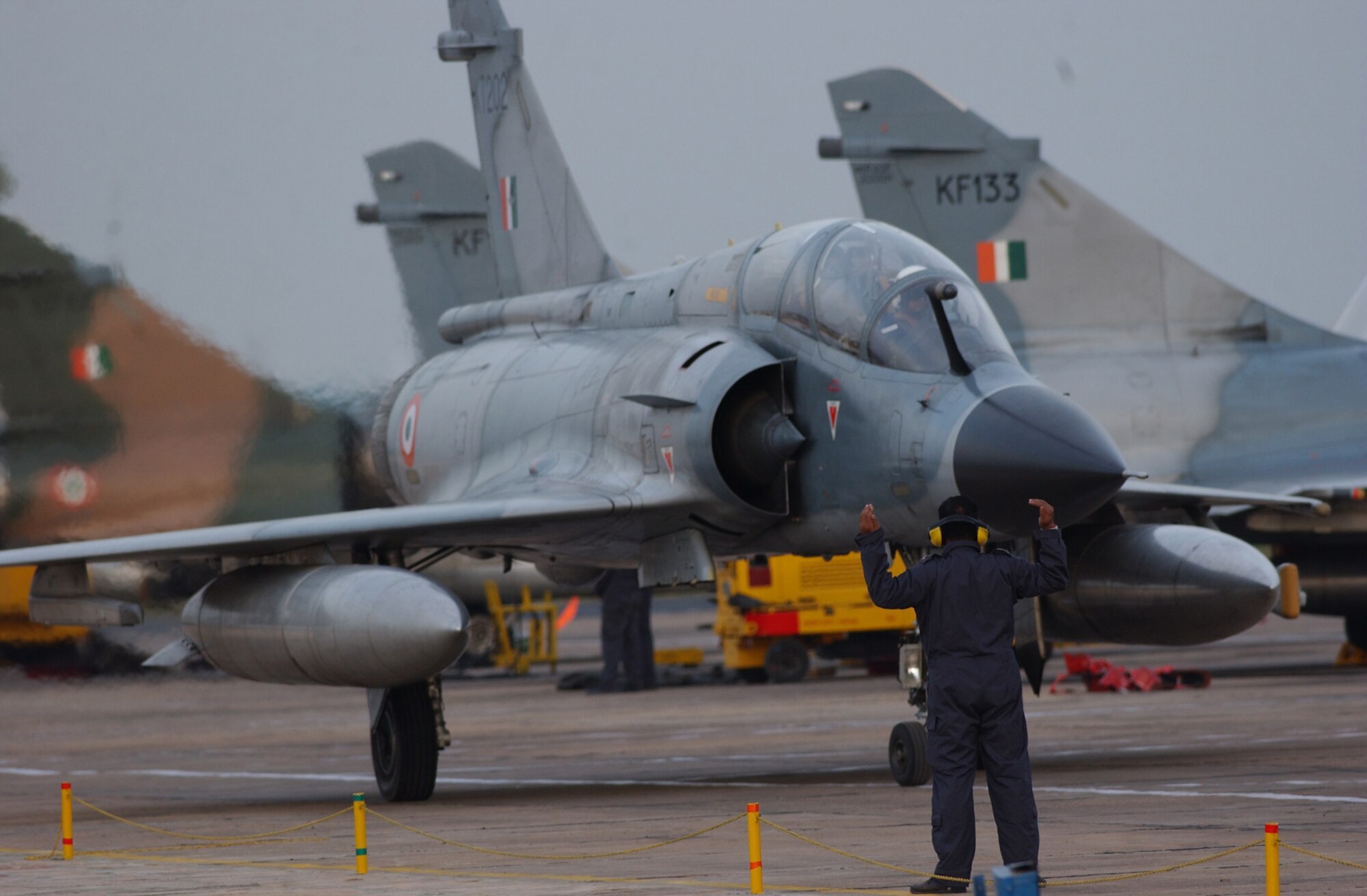 GWALIOR AIR FORCE STATION, India -- An Indian air force M-2000 Mirage taxis into position following a Cope India '04 sortie here Feb.18.  About 150 U.S. airmen are here supporting the first bilateral fighter exercise between the two air forces in more than 40 years.  (U.S. Air Force photo by Tech. Sgt. Keith Brown)