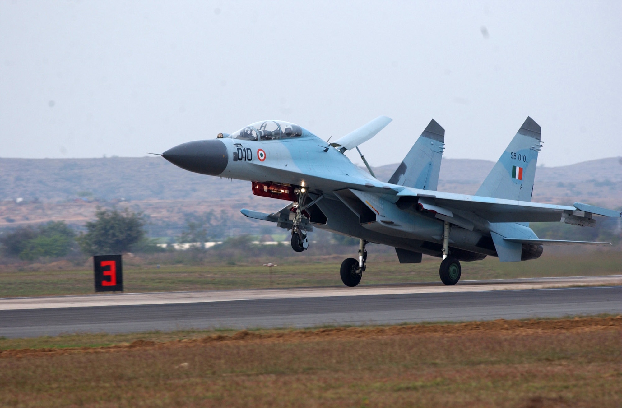 GWALIOR AIR FORCE STATION, India -- An Indian air force SU-30K Flanker lands here following a simulated combat mission with U.S. Air Force F-15 Eagles deployed from Elmendorf Air Force Base, Alaska.  About 150 U.S. airmen are here supporting Cope India '04, the first bilateral fighter exercise between the two air forces in more than 40 years.  (U.S. Air Force photo by Tech. Sgt. Keith Brown)