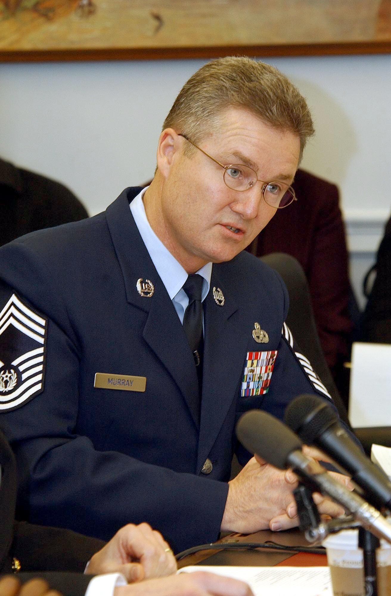 WASHINGTON -- Chief Master Sgt of the Air Force Gerald R. Murray answered questions during a congressional hearing Feb. 25 about quality-of-life issues in the military.  Chief Murray said morale today is the best he has seen it.  (U.S. Air Force photo by Master Sgt. Gary R. Coppage)