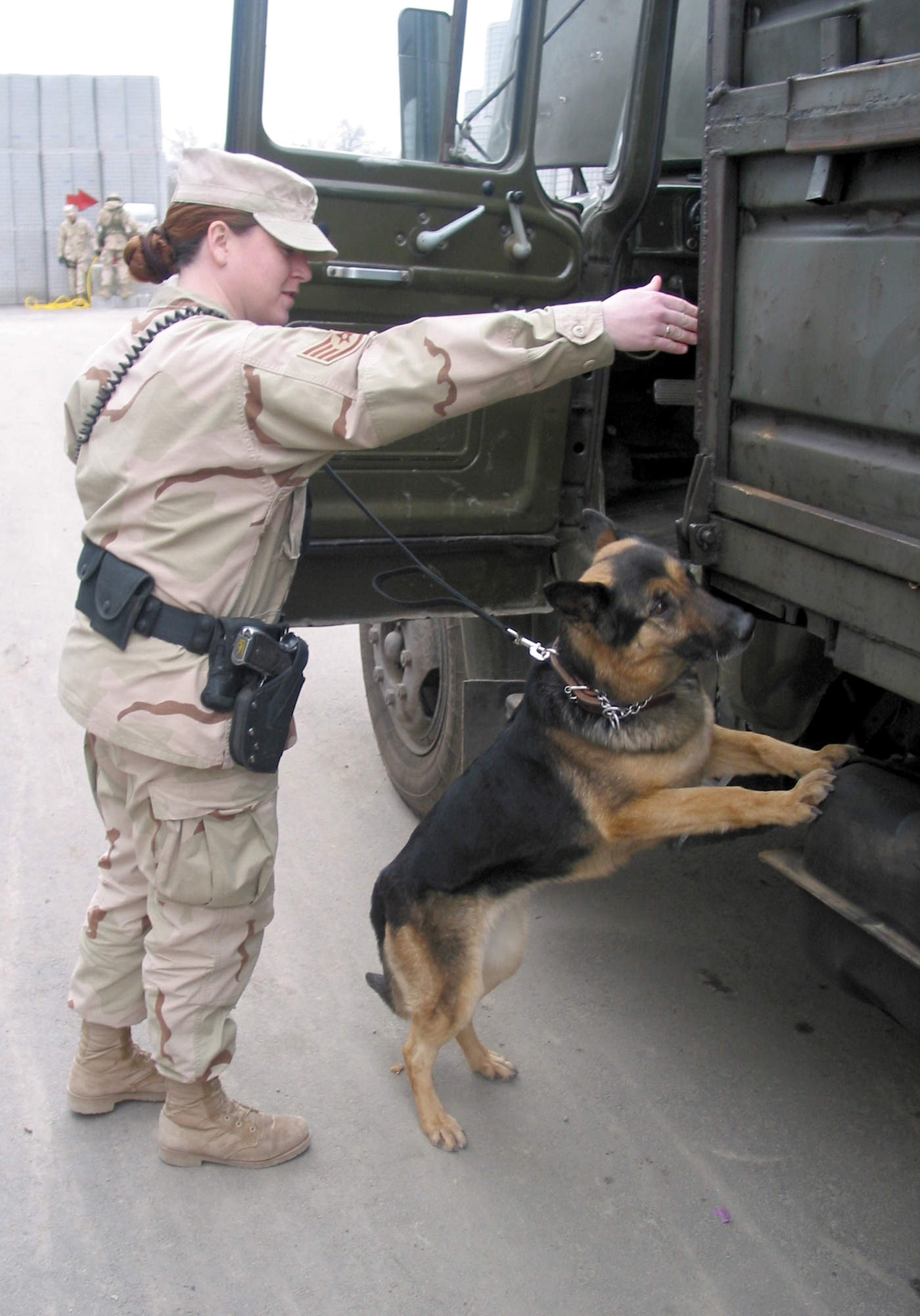 MANAS AIR BASE, Kyrgyzstan -- Staff Sgt. Kelly Minnix and Houby, a military working dog, check a vehicle for explosives before entering the base.  Sergeant Minnix is a dog handler with the 376th Expeditionary Security Forces Squadron.  When not biting perps, Houby dispenses advice to the troops through a column in the base paper.  (U.S. Air Force Photo by Capt. Brus Vidal)