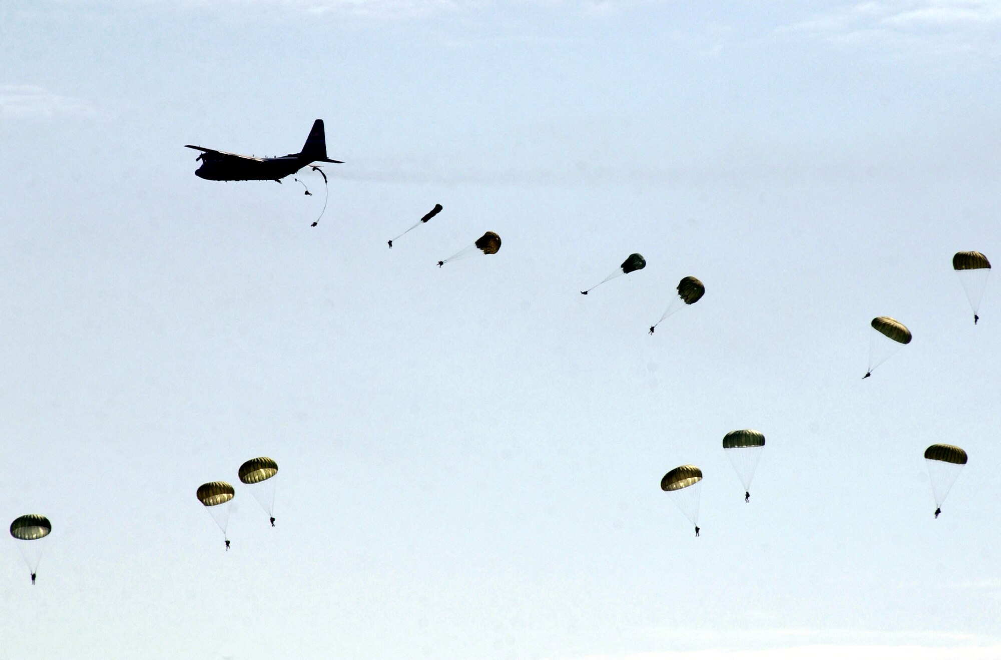 SOUTHWEST ASIA -- Soldiers from the 82nd Airborne Division jump from a C-130 Hercules as part of Operation All-American Lightning on Feb. 24.  A total of 240 soldiers jumped during a capabilities and show-of-force exercise.  Before the start of the parachute jumps, A-10 Thunderbolt IIs conducted missile and strafing runs, and F-16 Fighting Falcons dropped 12 bombs on a simulated target near the airfield as part of the exercise.  (U.S. Air Force photo by Staff Sgt. Suzanne Jenkins)