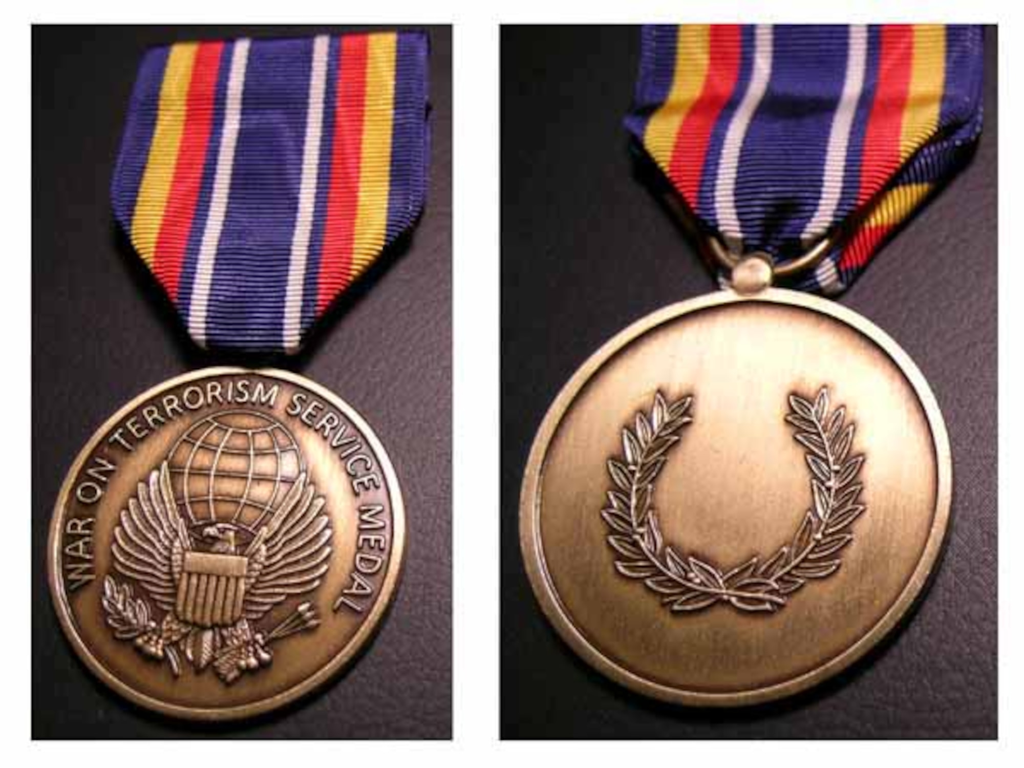 WASHINGTON -- The Global War on Terrorism Service Medal has an eagle and wings display, with a terrestrial globe and the inscription "War on Terrorism Service Medal."  The reverse side features a laurel wreath.  The medal's final approval was announced Feb. 26.  (Courtesy photo)