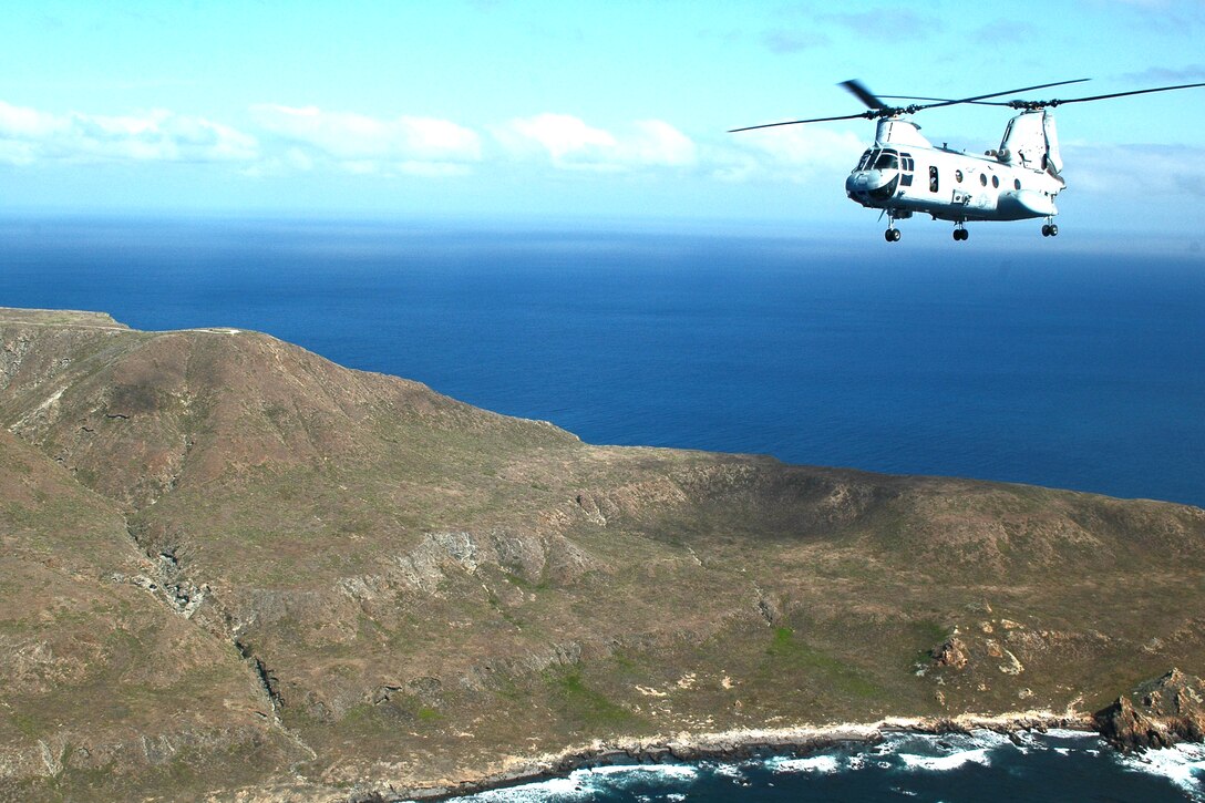 A CH-46 Sea Knight flies over San Clemente Island, Feb. 12, during phase three of Exercise Iron Fist 2012, a bilateral training event between members of the 15th Marine Expeditionary Unit and the Japanese Ground Self Defense Force. The ship-to-shore landing of the island was the culminating event of the exercise, where Marines, sailors and Japanese patrolled the island and conducted a live-fire exercise.