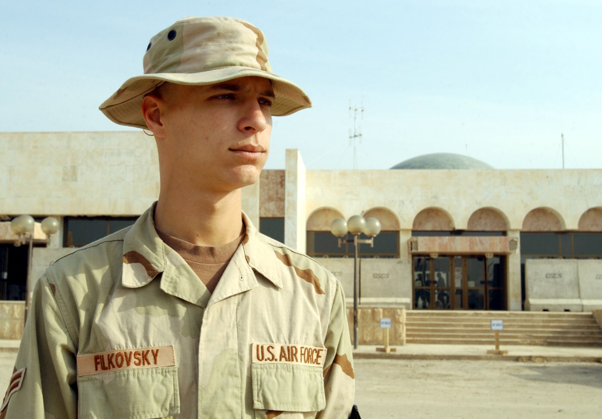 BAGHDAD INTERNATIONAL AIRPORT, Iraq -- Airman 1st Class Eyal Filkovsky translated for 447th Expeditionary Medical Squadron physicians Jan. 3, when three Bulgarian soldiers were injured when a suicide bomber drove a fuel truck into a building.  Airman Filkovsky is assigned to the 447th Air Expeditionary Group here.  (U.S. Air Force photo by Staff Sgt. Levi Collins)