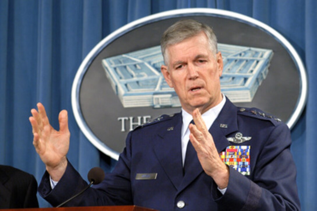 Chairman of the Joint Chiefs of Staff Gen. Richard B. Myers, U.S. Air Force, responds to a reporter's question concerning reservists during a press conference on Jan. 6, 2004. 