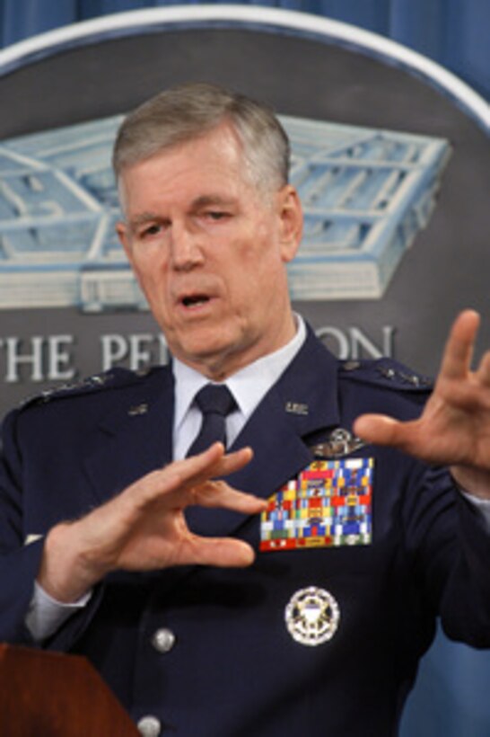 Chairman of the Joint Chiefs of Staff Gen. Richard B. Myers, U.S. Air Force, comments on the decision to award military personnel serving in both Afghanistan and Iraq the same campaign medal for the global war on terrorism during the Jan. 6, 2004, Pentagon press briefing. 