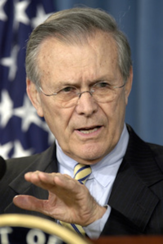 Secretary of Defense Donald H. Rumsfeld conducts his first press conference of the year in the Pentagon on Jan. 6, 2004. 