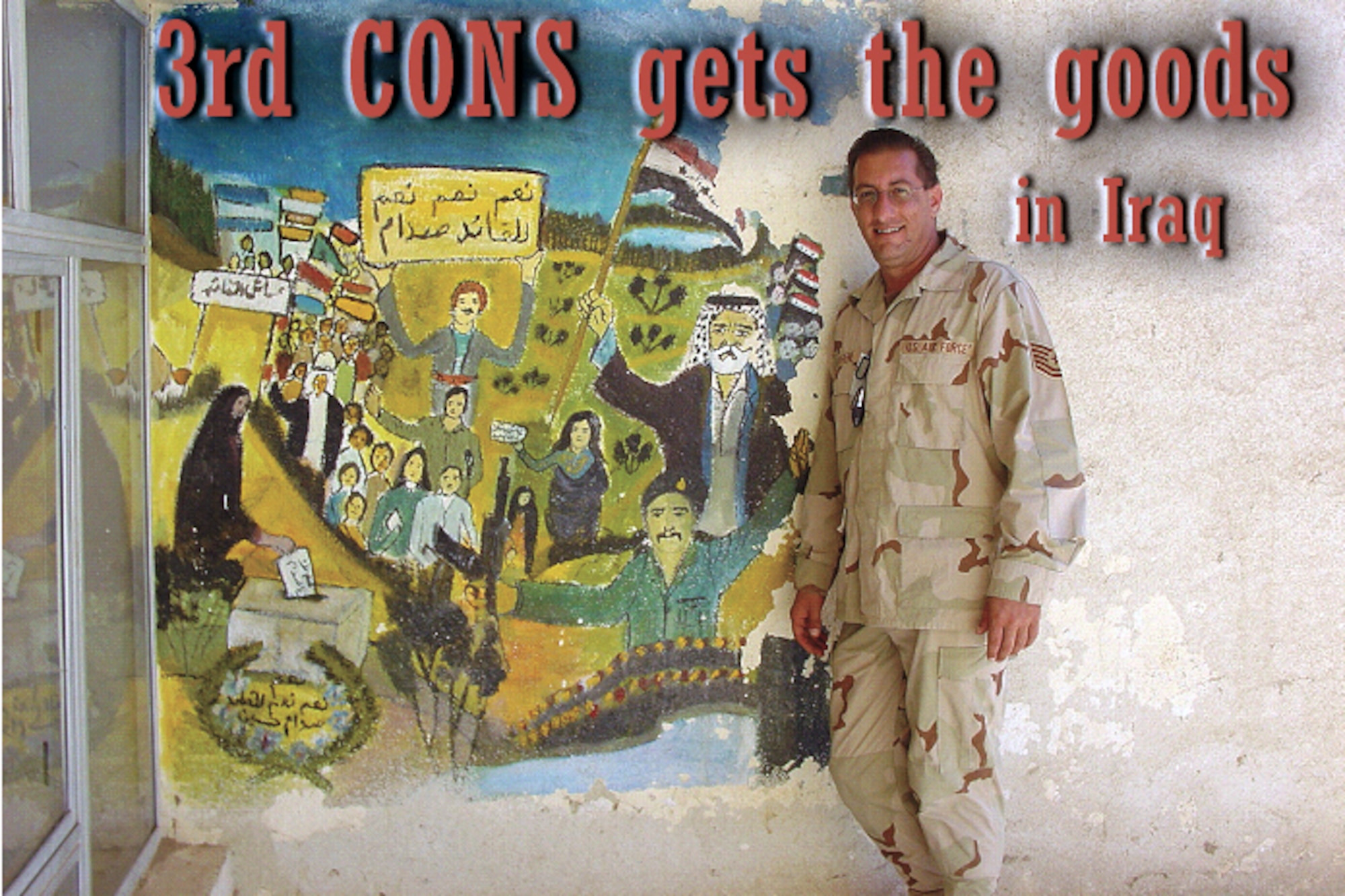 IRAQ -- Tech. Sgt. Jamie Dufrene stands in front of a mural in southern Iraq during his deployment to Tallil Air Base.  Sergeant Dufrene's job was to purchase goods from Iraqi vendors to supply the base.  He is assigned to the 3rd Contracting Squadron at Elmendorf Air Force Base, Alaska.  (U.S. Air Force photo by Senior Airman Teresa Fox)