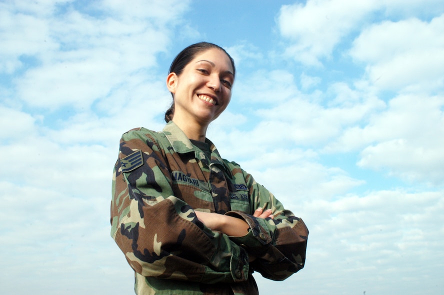 ROBINS AIR FORCE BASE, Ga. -- Staff Sgt. Melissa Magyari is one of 10 active-duty servicemembers recently selected for the Air Force Flight Attendant program.  The 19th Air Refueling Group command section information manager will be greeting and serving meals to the vice president and his wife, governors, congressmen and other distinguished visitors aboard C-32 and C-40 aircraft.  (U.S. Air Force photo by Sue Sapp)