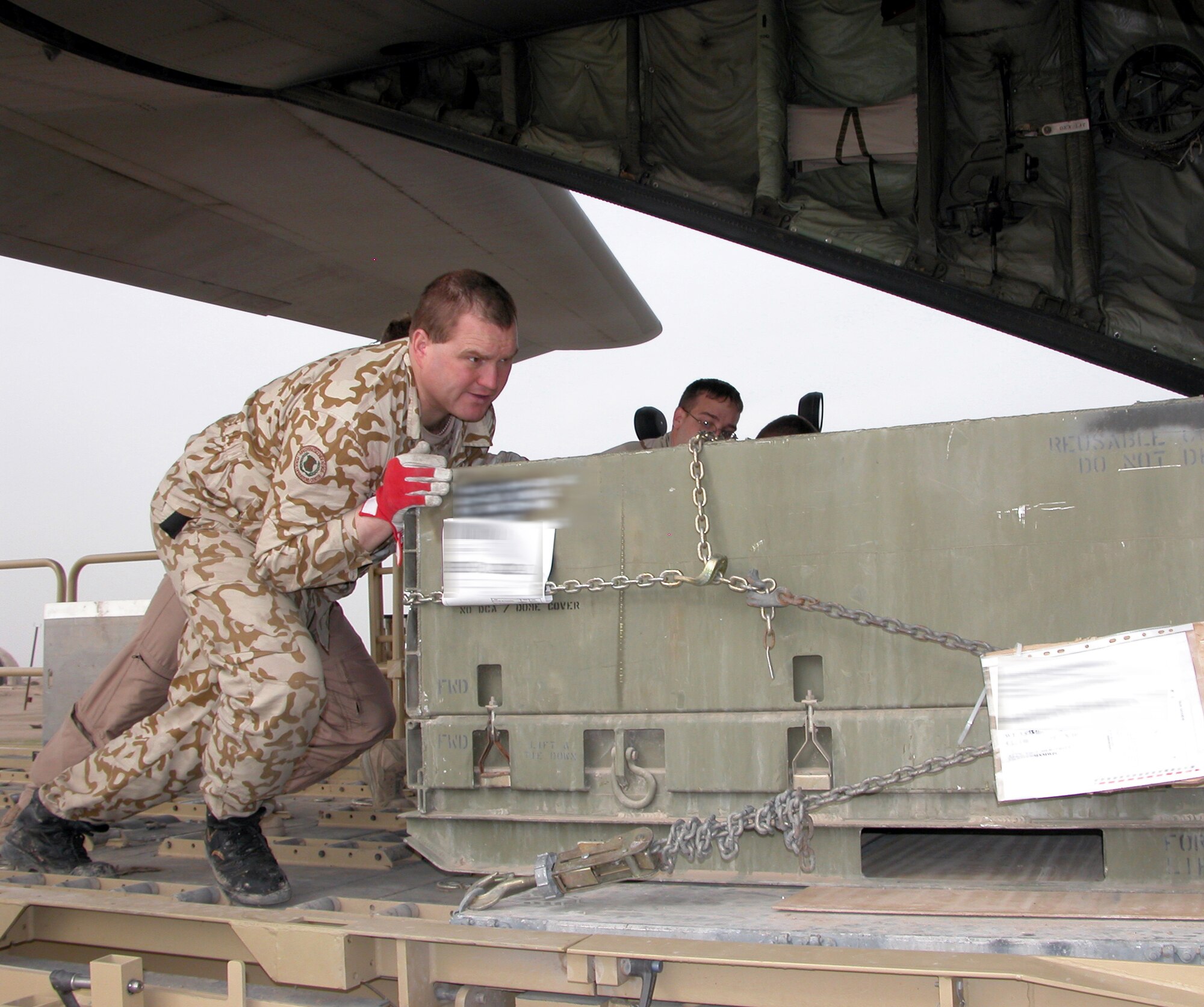 TALLIL AIR BASE, Iraq -- Estonian Cpl. Taivo Kahrets helps push a pallet of cargo into a Georgia Air National Guard C-130 Hercules here Jan. 14.  The corporal is one of about a dozen Estonians helping the base's aerial port flight move cargo through here.  (U.S. Air Force photo illustration by Tech. Sgt. Bob Oldham)