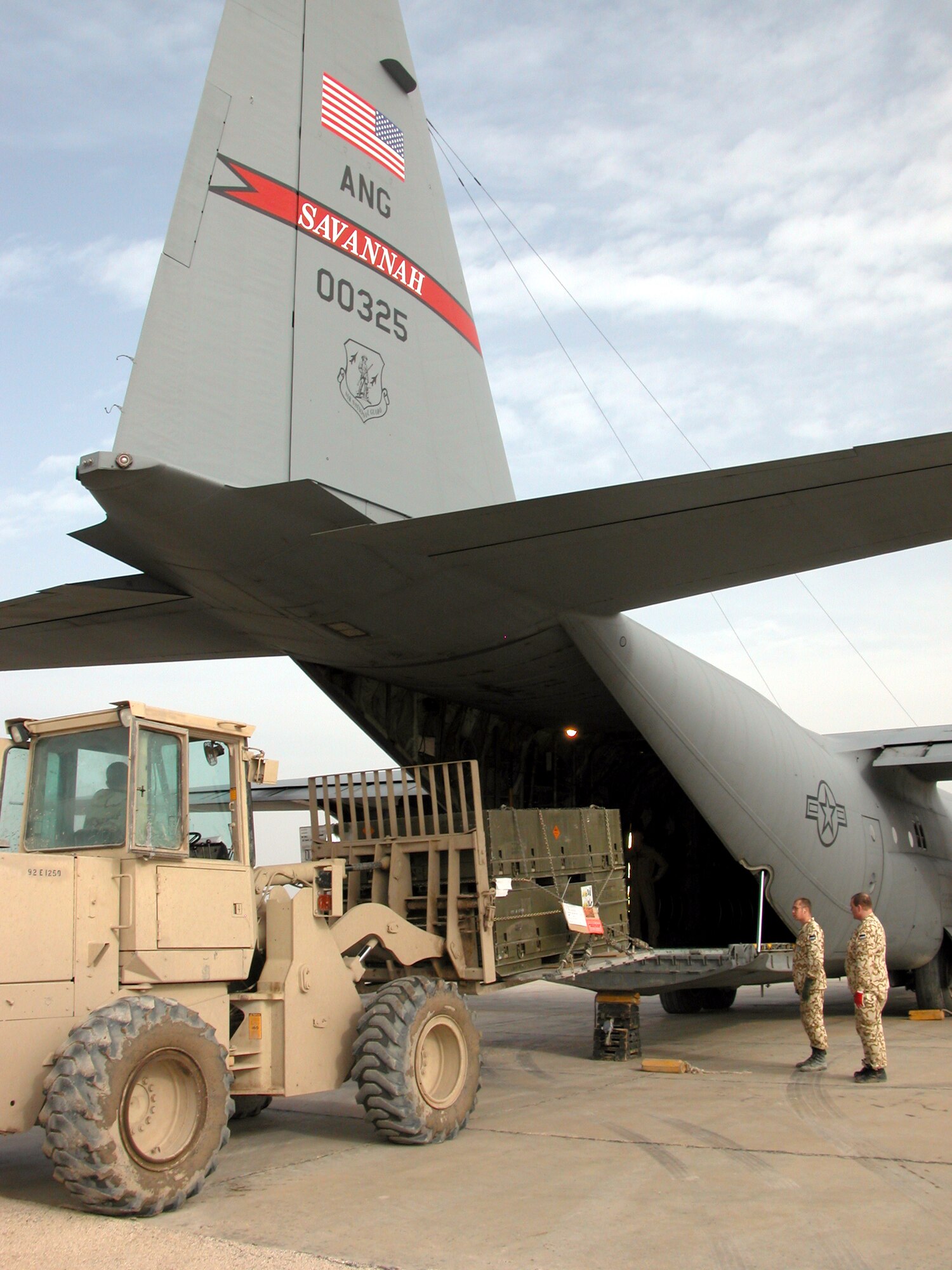 TALLIL AIR BASE, Iraq -- Air transportation workers load cargo into a Georgia Air National Guard C-130 Hercules temporarily assigned to the 332nd Air Expeditionary Wing here. U.S. Air Force and Estonian cargo movement specialists work together to move cargo and passengers through here.  (U.S. Air Force photo by Tech. Sgt. Bob Oldham)