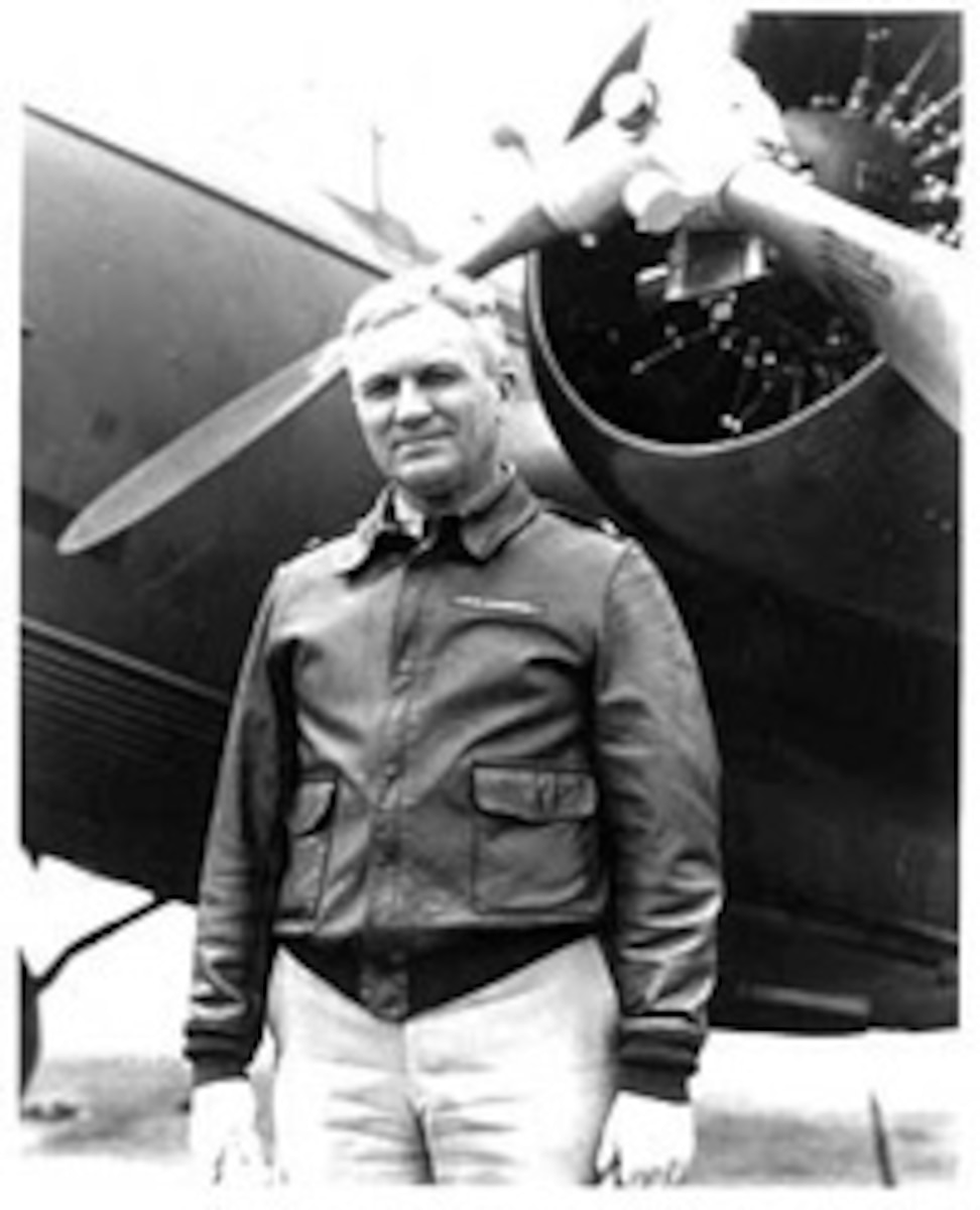 Newly appointed as a temporary brigadier general, Frank M. Andrews stands in front of a Martin B-12 bomber at Langley Field, Va., in March 1935. .