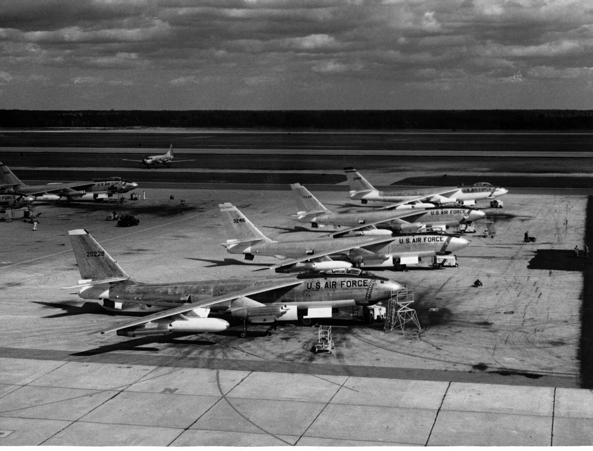 1950's -- The B-47E was an improved version of the -B model and more than 1500 were produced by Boeing, Douglas and Lockheed. Improvements incorporated into the -E model Stratojet included a more powerful version of the General Electric J47 turbojet and Rocket Assisted Take Off (RATO) packs with 18 or 33 rockets which were jettisoned after use. Other features of the B-47E included 20mm cannons in the tail instead of the .50-cal. machine guns of the -B model and upgraded avionics including the A-5 fire control system.
