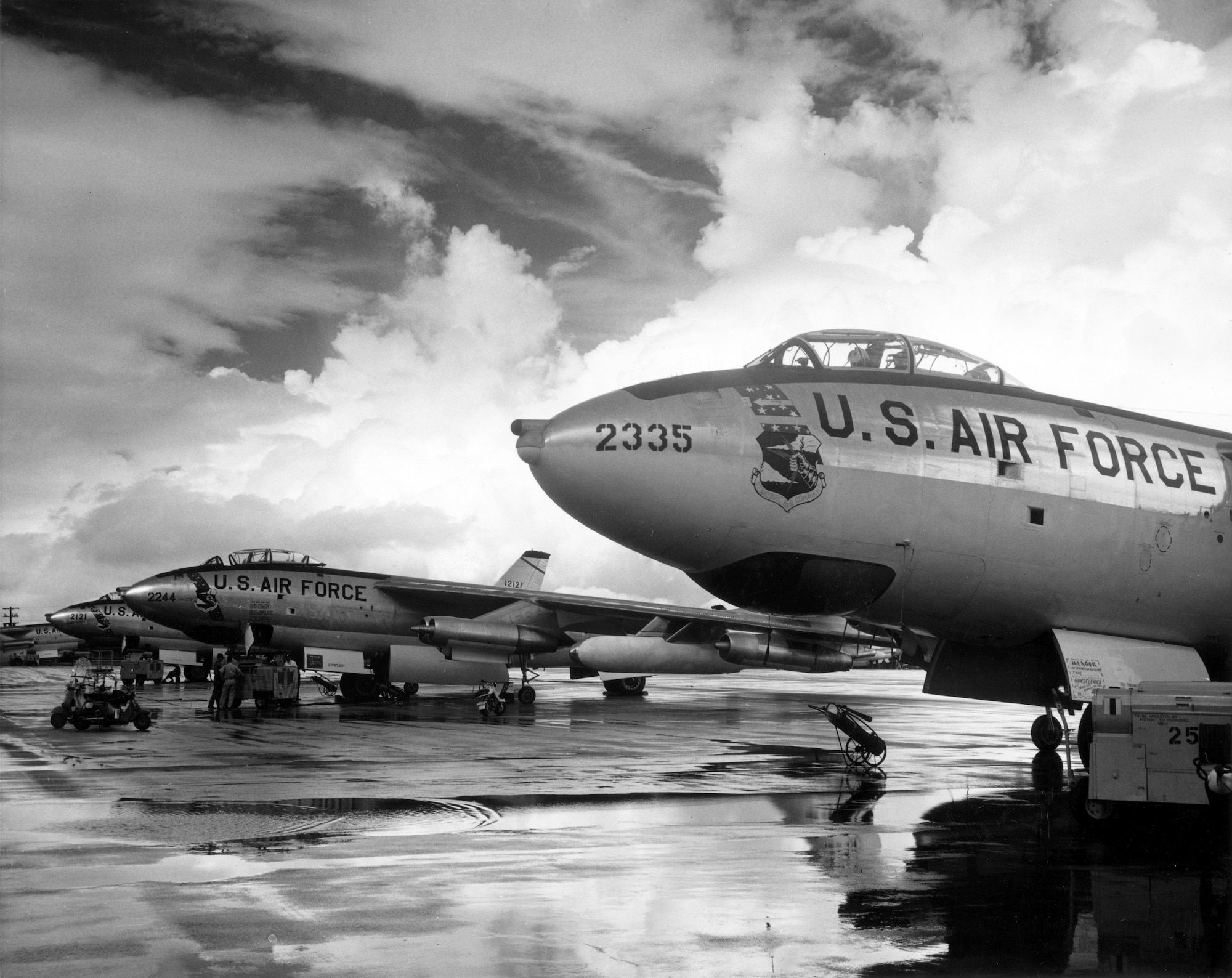 1950's -- Strategic Air Command B-47 Stratojet bombers. The world's first swept-wing bomber. The B-47 normally carried a crew of three--pilot, copilot (who operated the tail turret by remote control), and an observer who also served as navigator, bombardier and radar operator.