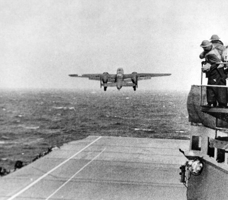 Taken from the deck of the USS Hornet (CV-8), a B-25 bomber makes its way to be part of the first U.S. air raid on Japan. (U.S. Navy photo)