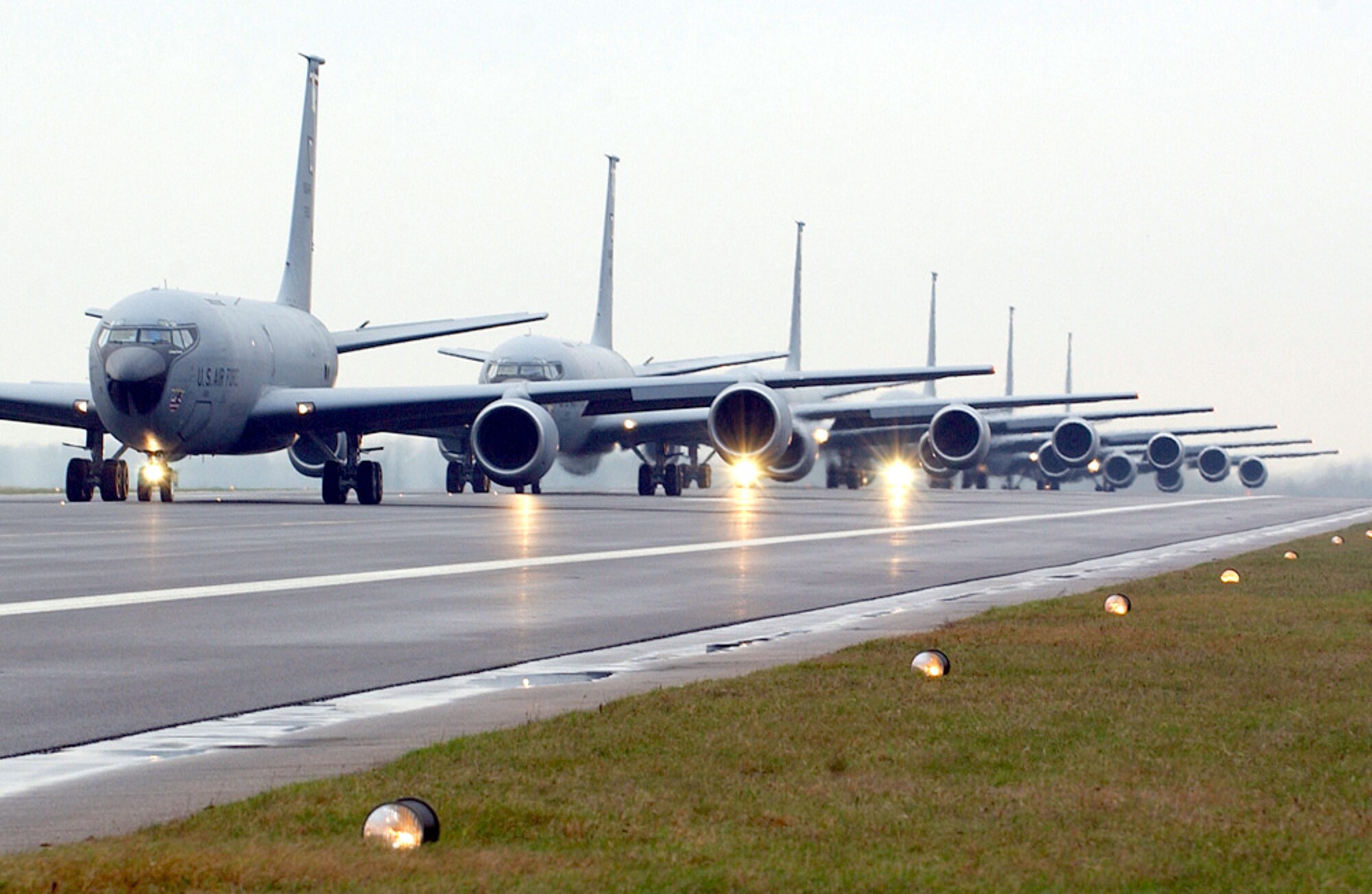 ROYAL AIR FORCE MILDENHALL, England -- A six-ship KC-135 Stratotanker formation here demonstrates the 100th Air Refueling Wing's quick-response capability Jan. 23 as part of a training exercise.  The 100th ARW maintains the only U.S. Air Force air-refueling assets based in Europe.  Wing airmen are responsible for covering more than 20 million square miles and 93 countries in the European theater.  (U.S. Air Force photo by Senior Airman Meghan Geis)