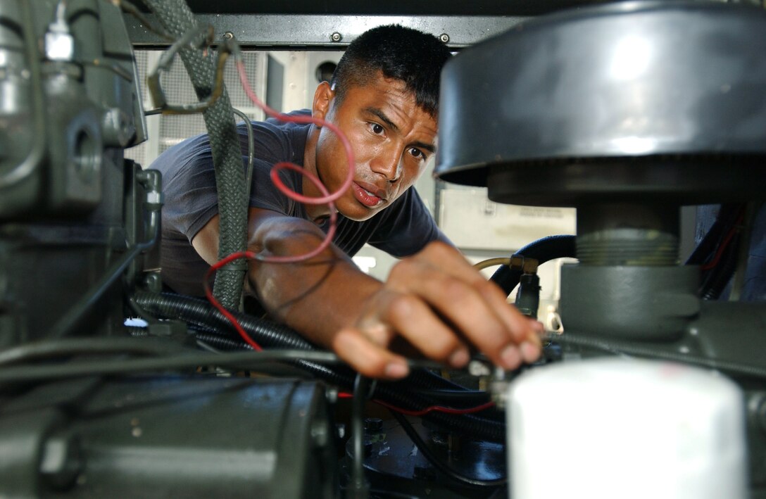 SOUTHWEST ASIA -- Airman Michael O'Rourke checks the throttle adjustment on an air compressor Jan. 28.  Airman O'Rourke is assigned to the 40th Expeditionary Maintenance Squadron at a forward-deployed location.  He is deployed from the 28th Maintenance Squadron at Ellsworth Air Force Base, S.D.  (U.S. Air Force photo by Staff Sgt. Shelley Gill)