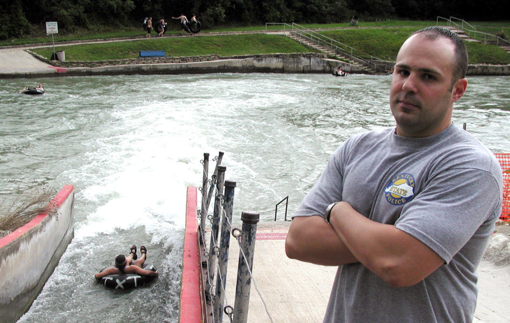 NEW BRAUNFELS, Texas -- Staff Sgt. Boyd Myers revisits the river where he rescued a mother and daughter from its rapids.  He is a Web applications developer at the Air Force Personnel Center at nearby Randolph Air Force Base.  (U.S. Air Force photo by Capt. Brandon Lingle)
