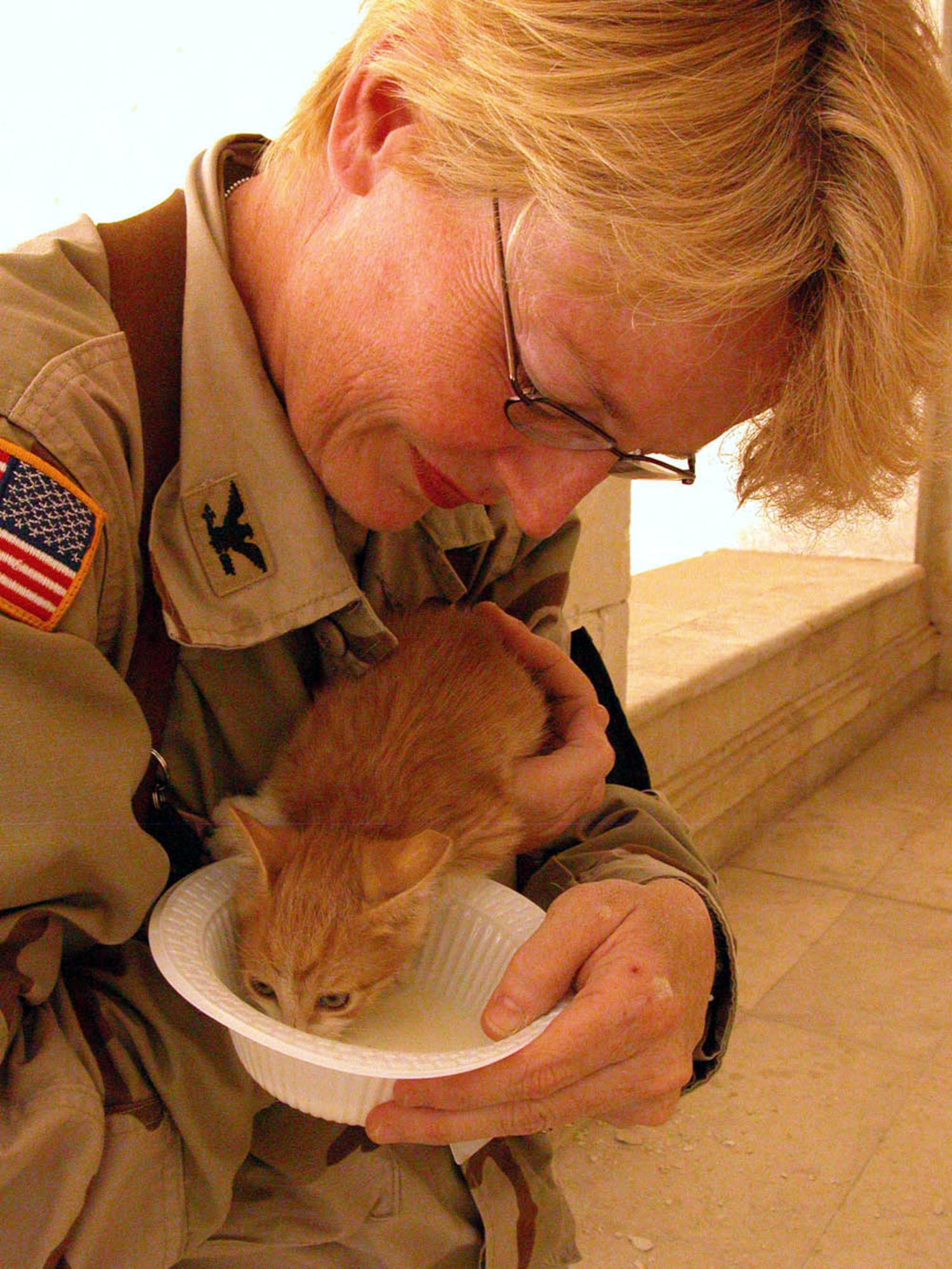 BAGHDAD, Iraq -- Col. Jill Morgenthaler offers Liberty some milk before preparing a new home for her out of a television box.  Three pest control managers climbed the Al Faw Palace ceilings and chipped away at the base of a patio column to rescue the trapped kitten.  Colonel Morgenthaler is a public affairs officer for Mulitnational Forces-Iraq.  (U.S. Air Force photo by Master Sgt. Karen Petitt)