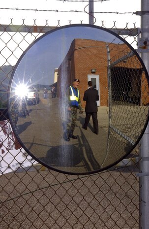 CHARLESTON, W.V. -- Tech. Sgt. Gary Blankenship stands watch during a presidential visit here July 4.  Sergeant Blankenship is a security forces member with the West Virginia Air National Guard's 130th Airlift Wing. (U.S. Air Force photo by Staff Sgt. Bryan G. Stevens)