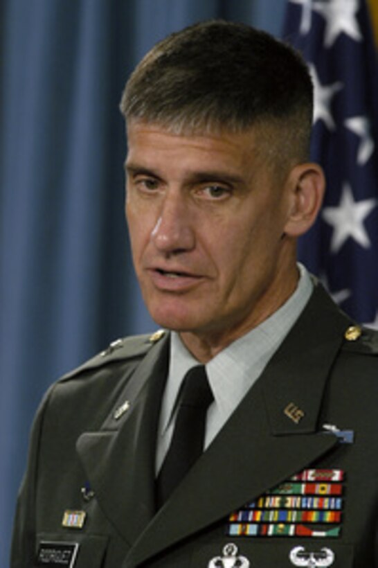 Joint Staff Deputy Director of Operations Brig. Gen. David Rodriguez, U.S. Army, responds to a reporter's question during a Pentagon press briefing on July 8, 2004. Rodriguez and Principal Deputy Assistant Secretary of Defense for Public Affairs Lawrence Di Rita updated reporters on Iraq and detainees at Guantanamo Bay, Cuba. 