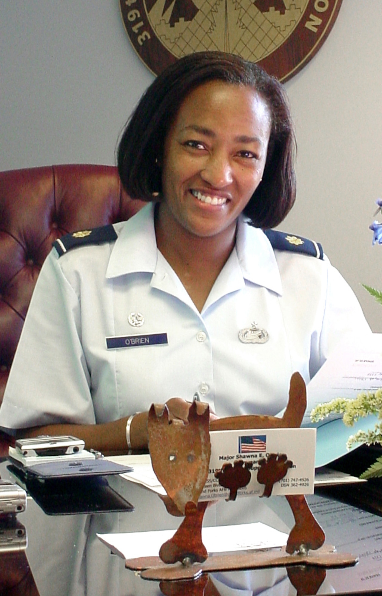 GRAND FORKS AIR FORCE BASE, N.D. -- Maj. Shawna O'Brien is the new commander of the 319th Mission Support Squadron here.  Her twin sister, Maj. Dawn Keasley, took command of the 375th MSS at Scott Air Force Base, Ill., on the same day.  (Courtesy photo)