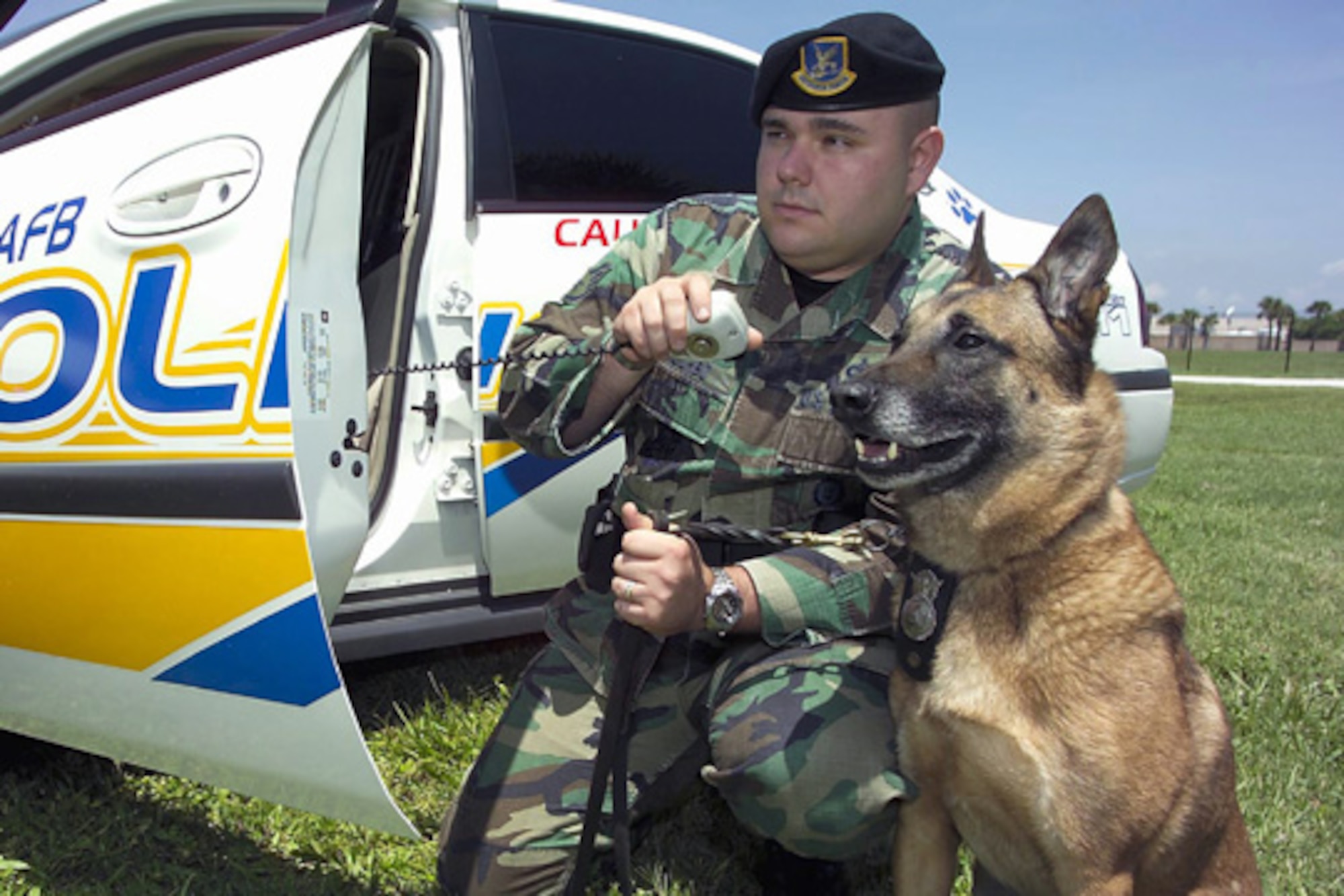 PATRICK AIR FORCE BASE, Fla. (AFPN) -- Staff Sgt. Brian A. Disorbo and his partner, Pancho, respond to a call.  Both are assigned to the 45th Security Forces Squadron here.  (Courtesy photo)