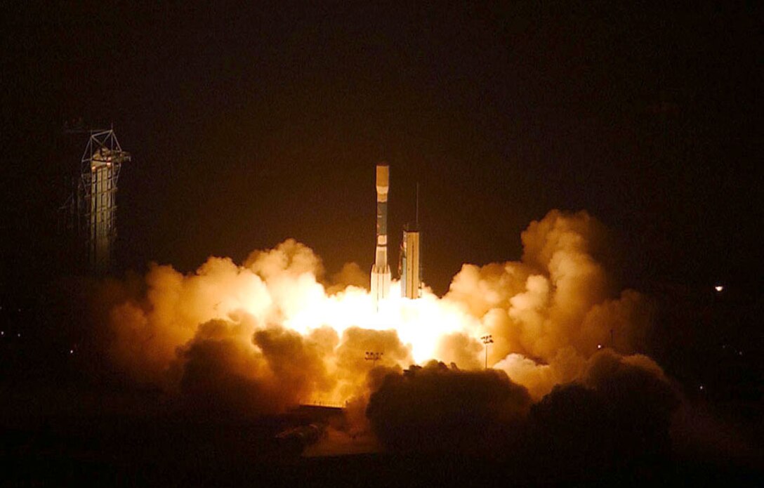 VANDENBERG AIR FORCE BASE, Calif. -- A Delta II rocket lifts off from here at 3:02 a.m. July 15.  The rocket carried NASA's Aura satellite into polar orbit.  The 6,860-pound satellite will help scientists understand how atmospheric composition affects and responds to Earth's changing climate.  It will also reveal the processes that connect local and global air quality, and track the extent of the ozone layer's recovery.  (U.S. Air Force photo by Master Sgt. Rodney Jones)