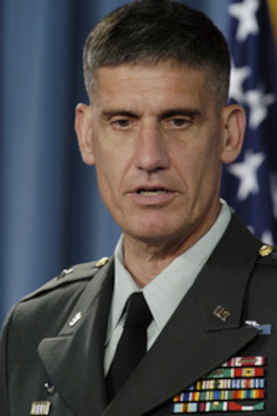 Deputy Director of Operations for the Joint Staff Brig. Gen. David Rodriguez, U.S. Army, responds to a reporter's question during a Pentagon briefing on July 14, 2004. 