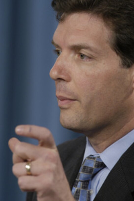 Principal Deputy Assistant Secretary of Defense for Public Affairs Lawrence Di Rita responds to a reporter's question during a Pentagon press briefing on July 14, 2004. Di Rita is accompanied by Deputy Director of Operations for the Joint Staff Brig. Gen. David Rodriguez, U.S. Army. 