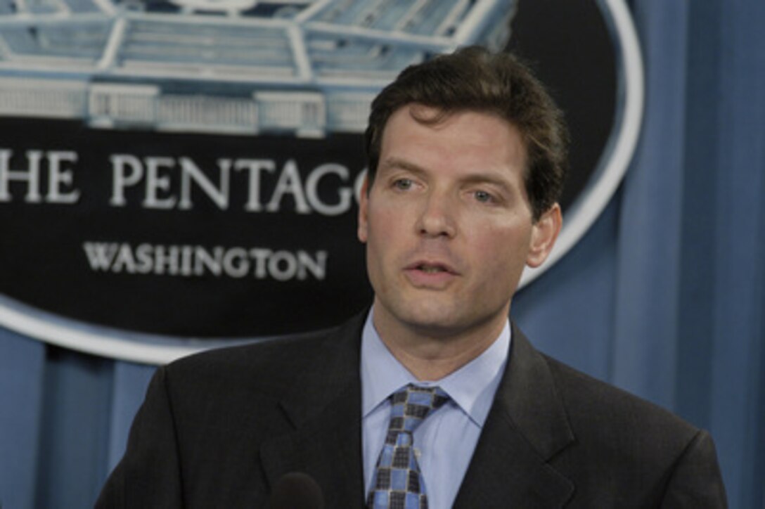 Principal Deputy Assistant Secretary of Defense for Public Affairs Lawrence Di Rita responds to a reporter's question during a Pentagon press briefing on July 14, 2004. Di Rita is accompanied by Deputy Director of Operations for the Joint Staff Brig. Gen. David Rodriguez, U.S. Army. 
