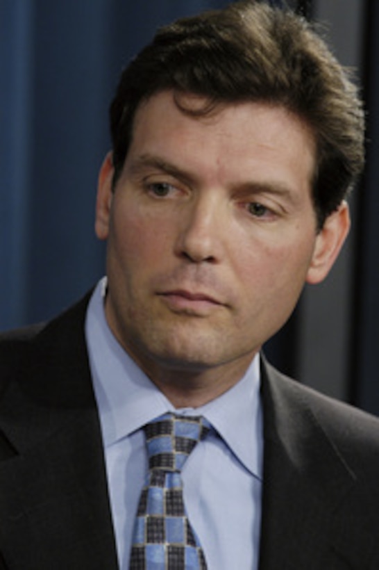 Principal Deputy Assistant Secretary of Defense for Public Affairs Lawrence Di Rita responds to a reporter's question during a Pentagon press briefing on July 14, 2004. Di Rita is accompanied by Deputy Director of Operations for the Joint Staff Brig. Gen. David Rodriguez, U.S. Army. 