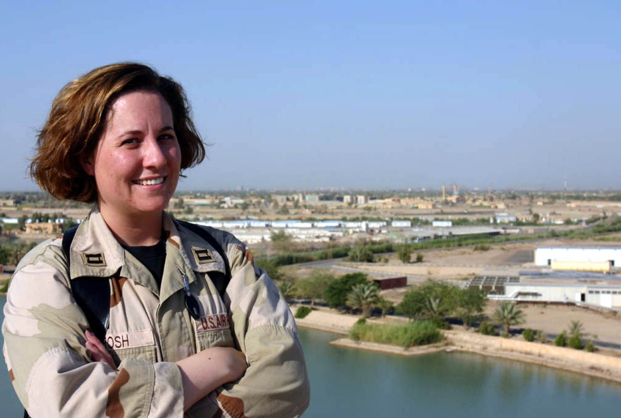 BAGHDAD, Iraq -- Capt. Alycia Vrosh stands atop the Al Faw Palace on here ready to help Soldiers in directing communications efforts through Iraq.  She has been deployed here for four months supporting Operation Iraqi Freedom.  (U.S. Air Force photo by Master Sgt. Karen Petitt)