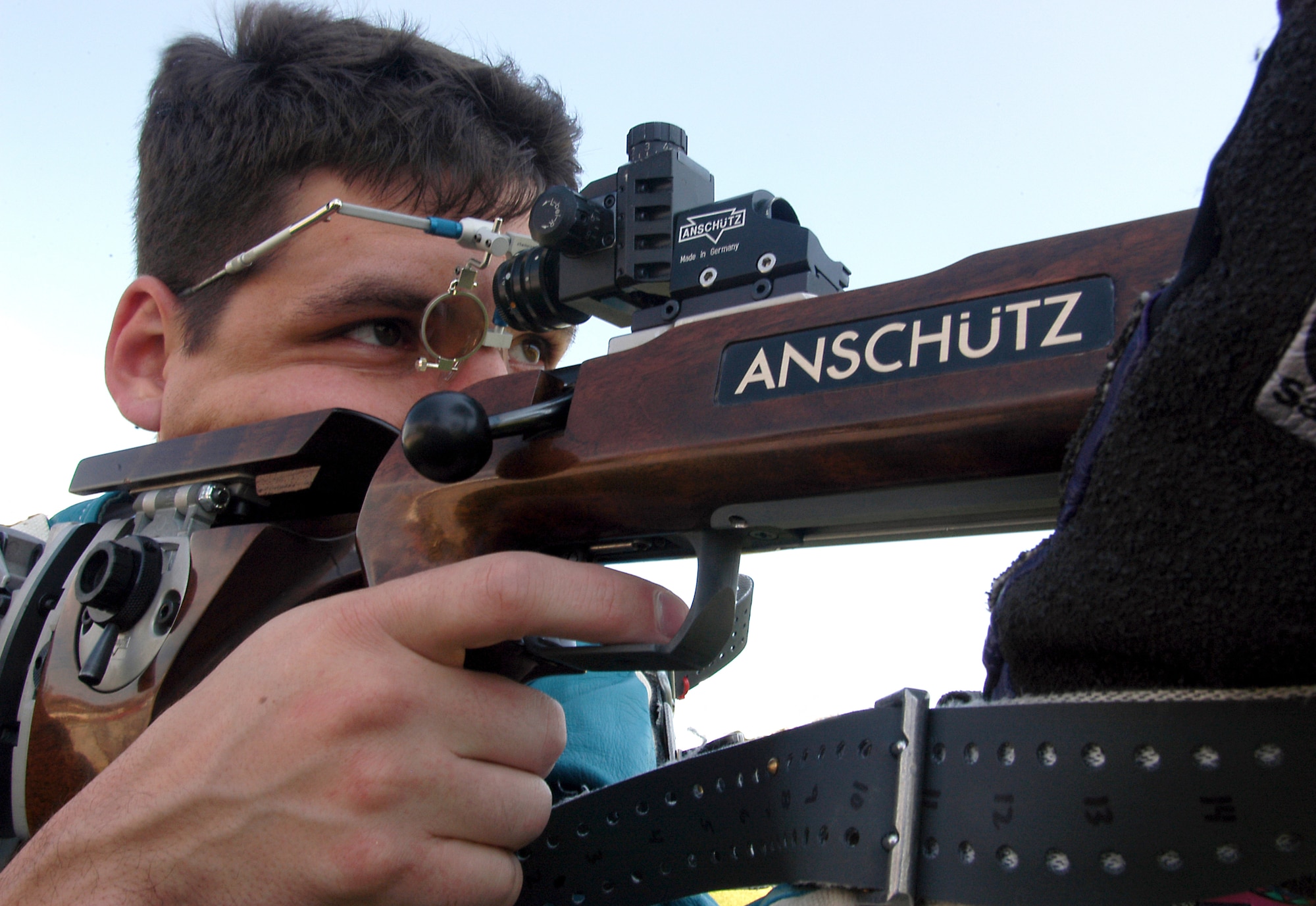 LOS ANGELES AIR FORCE BASE, Calif. -- Capt. Mark Gould aims an Anschutz 2013 rifle during shooting practice.  In competition, he shoots with an Anschutz 1913 Super Mach priced around $2,700 for just the rifle, going up to $3,150 with the sights included. He is captain of the Air Force International Rifle Team and assigned to the Space and Missile Systems Center's space superiority system program office here.  (U.S. Air Force photo by Jason M. Webb)
