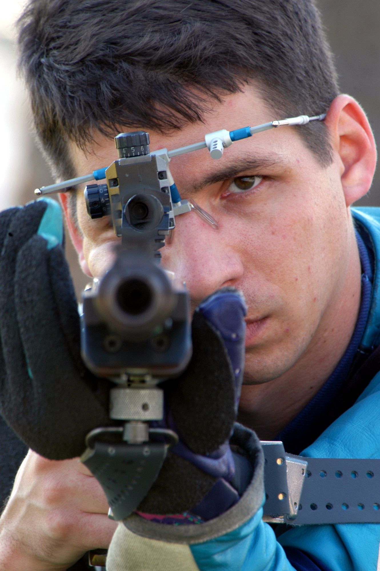 LOS ANGELES AIR FORCE BASE, Calif. -- Capt. Mark Gould takes aim during shooting practice.  He is captain of the Air Force International Rifle Team and assigned to the Space and Missile Systems Center's space superiority system program office here.  (U.S. Air Force photo by Jason M. Webb)